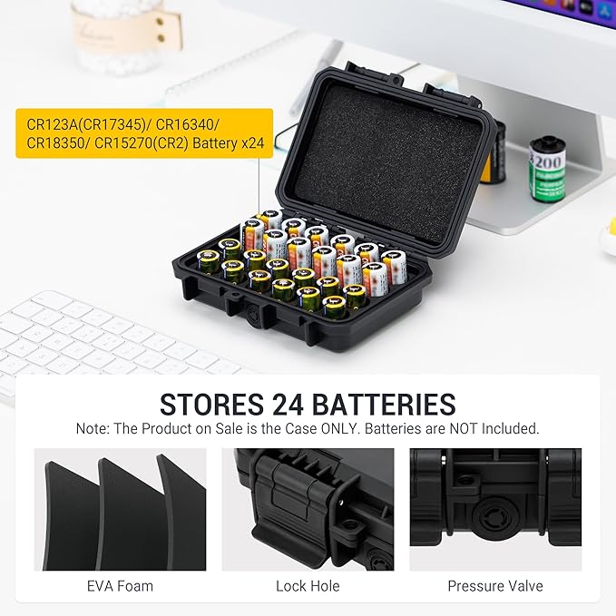 24 Slots CR2 CR123 CR123A Lithium Battery Organizer Case, IP67 Waterproof Hard - Image 3