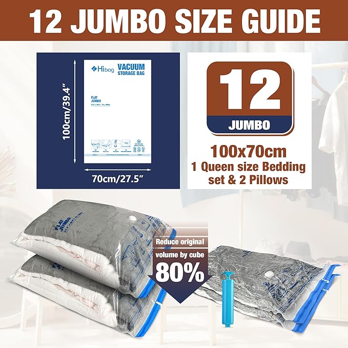 HIBAG Vacuum Storage Bags, 12 Jumbo Vacuum Seal Bags - Image 2