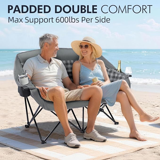 Double Camping Chairs Padded Loveseat Chair for 2 Person - Heavy Duty Oversized Camping Couch for Adults Outdoor Lawn Beach Portable Folding Sofa with Cup Holders Support 600lbs, Grey - Image 2