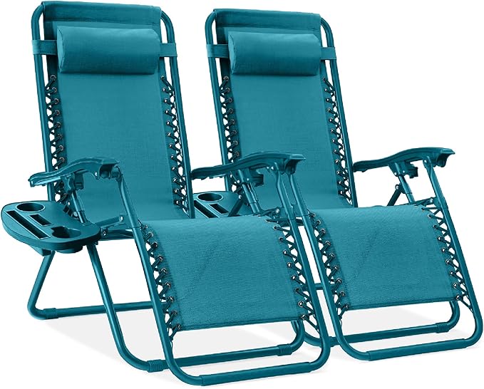 Best Choice Products Set of 2 Adjustable Steel Mesh Zero Gravity Lounge Chair Recliners w/Pillows and Cup Holder Trays - Peacock by BestChoiceProducts