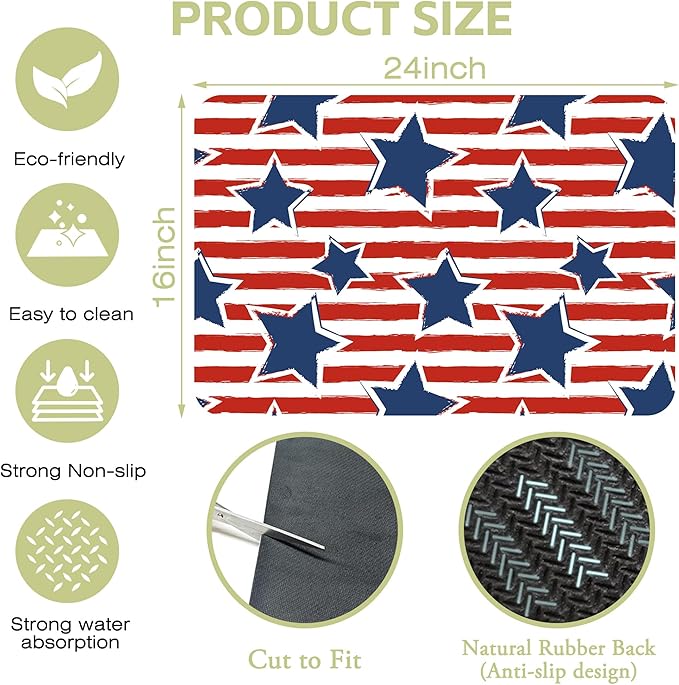 Dish Drying Mat Watercolor Blue Star Red Stripes Kitchen Mat 16"x24" Bsorbent - Image 4