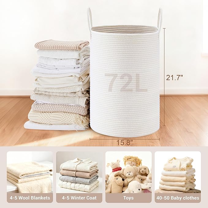 Tall Laundry Basket with Handles, 72L Portable Dirty Clothes Hamper, Boho - Image 2
