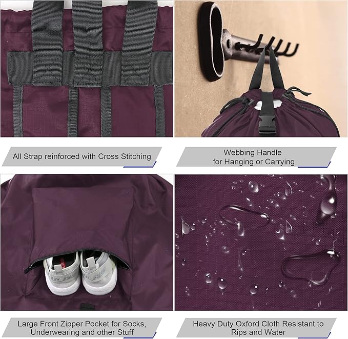 BeeGreen Laundry-Bag-Backpack-Heavy-Duty, Burgundy Nylon Drawstring Portable - Image 5