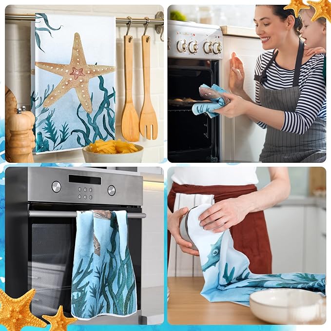Boyiee Set of 6 Beach Kitchen Towels Sea Ocean Animal Nautical Tea Towels 24 x - Image 4