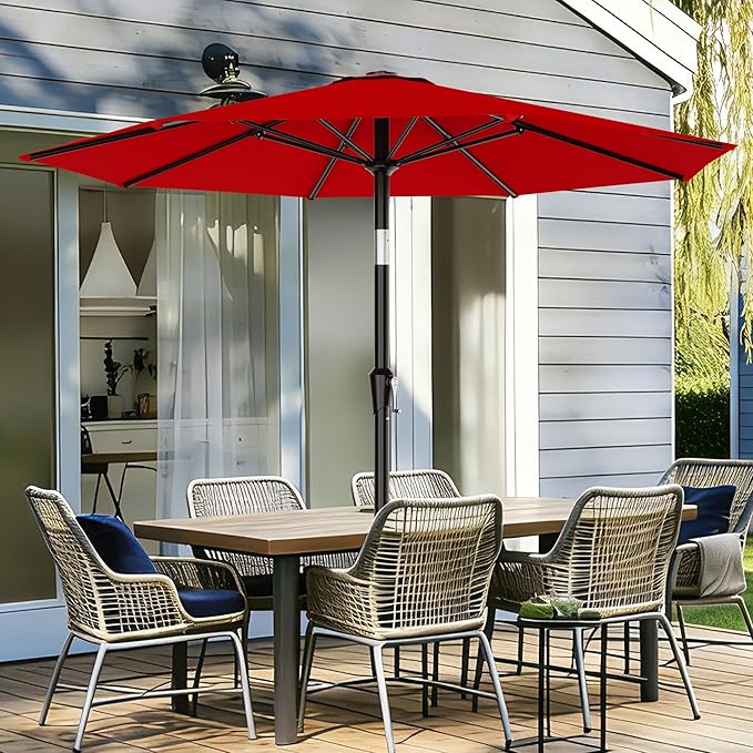 AreShark 9 FT Patio Umbrella for Outdoor, Outdoor Table Umbrella with Push Button Tilt and Crank, Outdoor Patio Umbrellas with 8 Sturdy Ribs for Market, Garden, Pool (Red) - Image 2