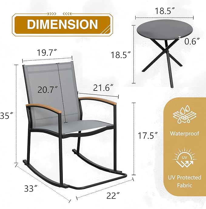 Shintenchi 3 Piece Outdoor Rocking Bistro Set, Textilene Fabric Small Patio Furniture Set, Front Porch Rocker Chairs Conversation Set with Table for Lawn, Garden, Balcony, Poolside (Light Gray) - Image 6