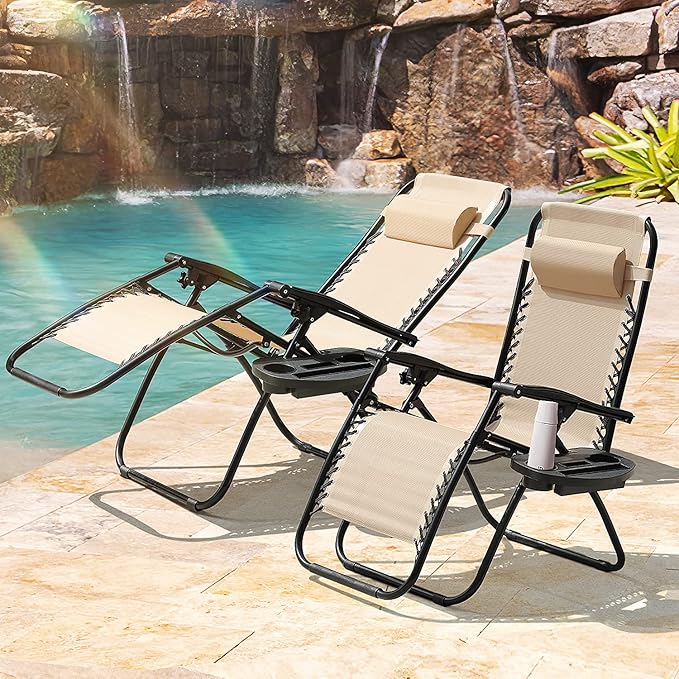 Homall Zero Gravity Chairs - Adjustable Folding Lawn Lounge Chairs with Pillows for Poolside, Backyard and Beach - Set of 2 (Cream-Coloured) - Image 2