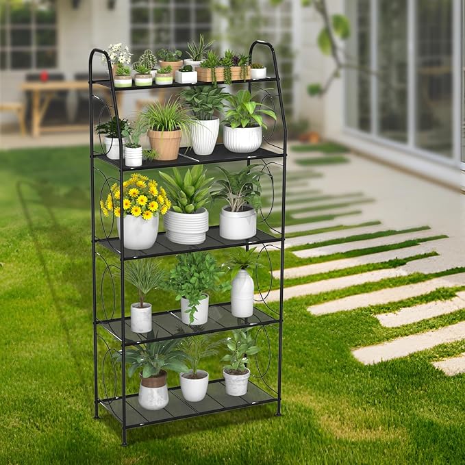 5 Tier Plant Stand Indoor Outdoor, Heavy Duty Plant Shelf, Metal Mesh Tall Plant Stands Holder Rack for Living Room Balcony and Garden, Black - Image 4