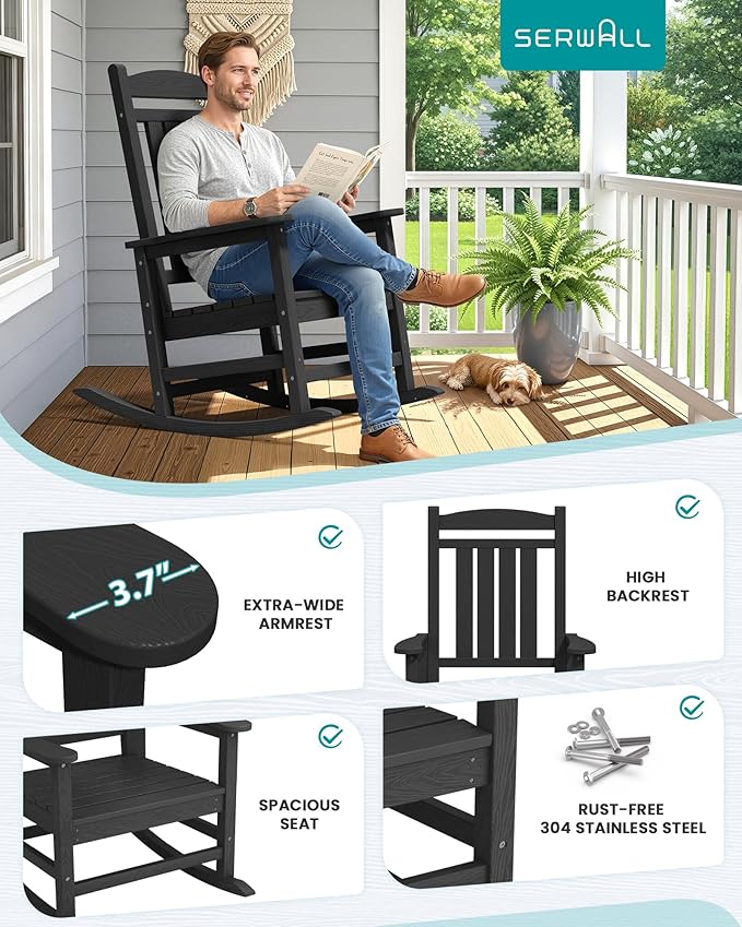 SERWALL Oversized Outdoor Rocking Chair, All-Weather Patio Rocking Chair, HDPE Porch Rocker for Adults, Black - Image 7