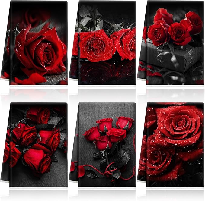 Breling Set of 6 Red Rose Kitchen Towels Vintage Themed Dish Towel Bathroom by Breling