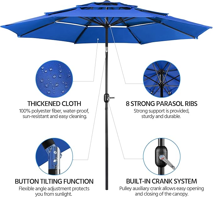 Yaheetech 3 Tier Patio Umbrella 10ft Vented Outdoor Large Market Table Umbrella with 8 Sturdy Ribs and 1.5" Umbrellla Pole, Double-layer Cloth & Push-button Tilting & Crank for Pool/Garden/Lawn Blue - Image 4
