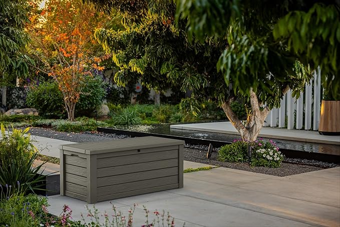 Keter Westwood 150 Gallon Resin Large Outdoor Storage Box for Patio Furniture, Outdoor Cushions, Garden Tools and Pool Floats, Taupe - Image 2
