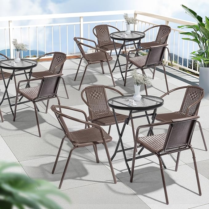 VINGLI PE Rattan Outdoor Dining Chairs Set of 2, Plastic Stackable Patio Chairs for Indoor, Porch, Restaurant, Garden, Brown - Image 8