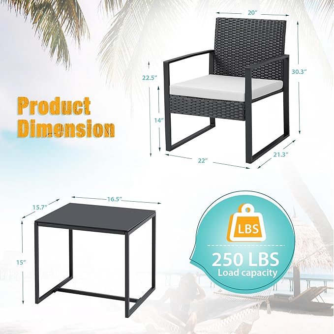 Flamaker 3 Pieces Patio Furniture Outdoor Wicker Modern Rattan Chair Conversation Sets with Coffee Table for Yard, Bistro(White) - Image 6