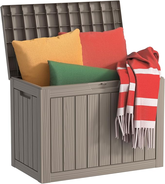 DRATO 45 Gallon Deck Box, Outdoor Storage Box for Patio Furniture, Patio Cushions, Gardening Tools, Pool Supplies 480lbs Weight Capacity,Waterproof Resin Storage Boxes (Light Brown, 45Gal) by DRATOprovidesawarmandcozy