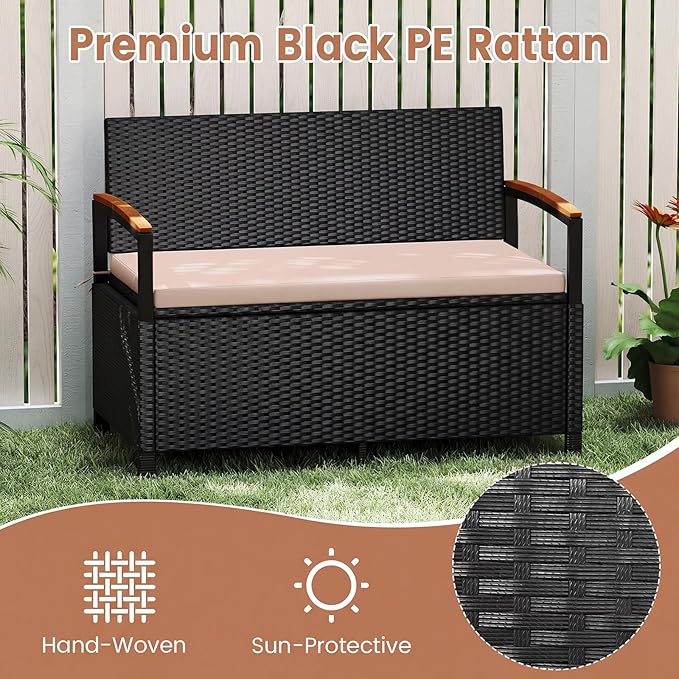 Tangkula 46 Gallon Outdoor Bench with Storage, Outdoor PE Rattan Storage Bench with Cushion, Backrest & Acacia Wood Armrests, Metal Frame, Waterproof Deck Box Seat for Porch Backyard Poolside - Image 4