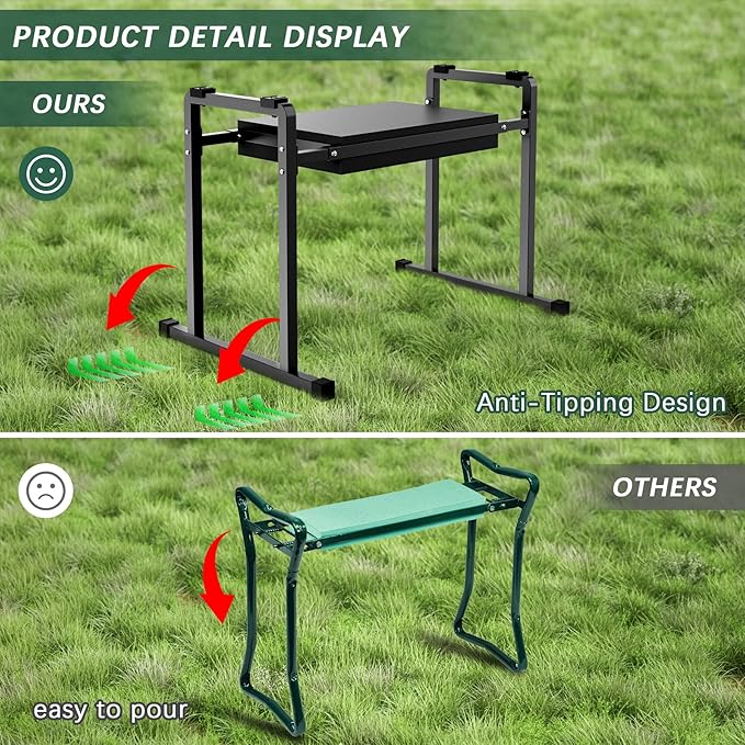 FLINTER Garden Kneelers Seat, Stable and Save Tip-Resistant Design 10.2" Wider Garden Kneeler and Seat with Handle, Heavy Duty Gardening Stool for Seniors, Gardening Weeding Bench for Parents - Black - Image 2