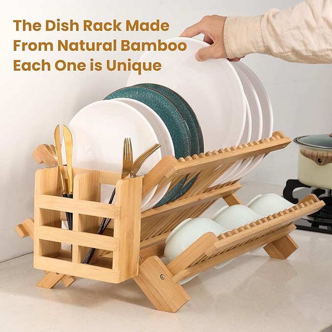 Bmaboo Dish Drying Rack for Kitchen Counter 3-Tier Collapsible Wooden Dish - Image 2