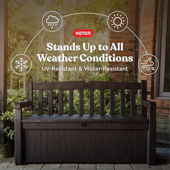 Keter Solana 70 Gallon Storage Bench Deck Box for Patio Furniture, Front Porch Decor and Outdoor Seating – Perfect to Store Garden Tools, Brown/Brown - Image 4