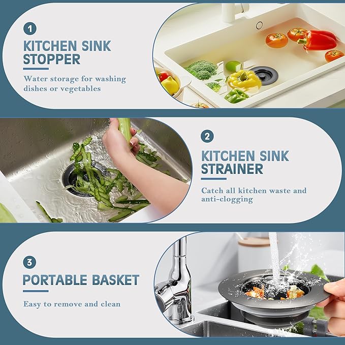 Kitchen Sink Drain Strainer 3 in 1, 304 Stainless Steel Pop Up Sink Stopper - Image 6