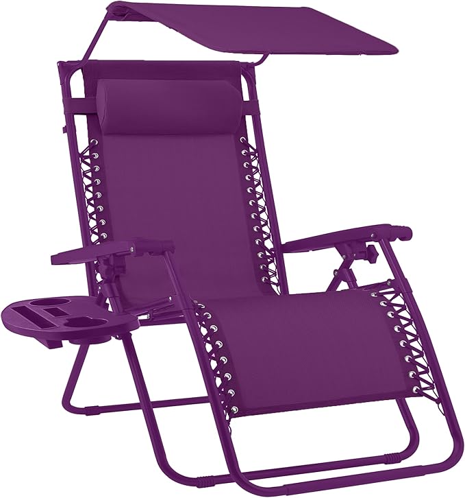 Best Choice Products Folding Zero Gravity Outdoor Recliner Patio Lounge Chair w/Adjustable Canopy Shade, Headrest, Side Accessory Tray, Textilene Mesh - Amethyst by BestChoiceProducts