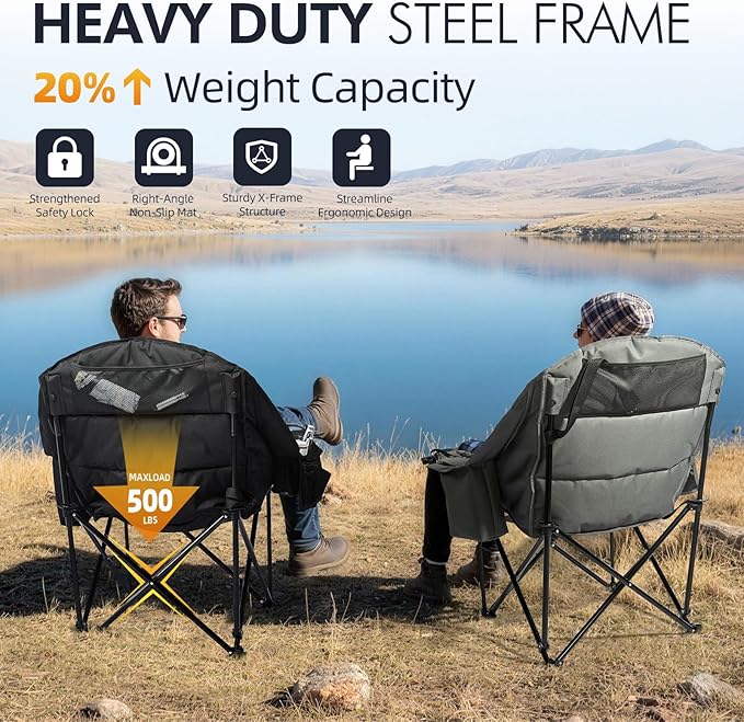 Oversized Camping Chair for Adults - Heavy Duty Outdoor Padded Large Lawn Camp Chair with Cup Holder Cooler Pockets for Sports Beach Fishing Garden Portable Supports 500lbs, Black/Grey 2 Pack - Image 5