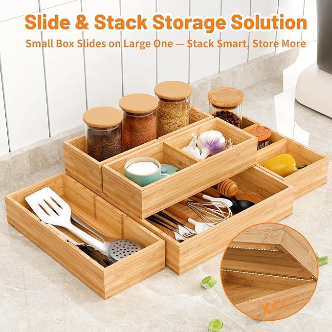 SpaceWhisper Bamboo Drawer Organizer, 5-Piece Drawer Divider - Image 4