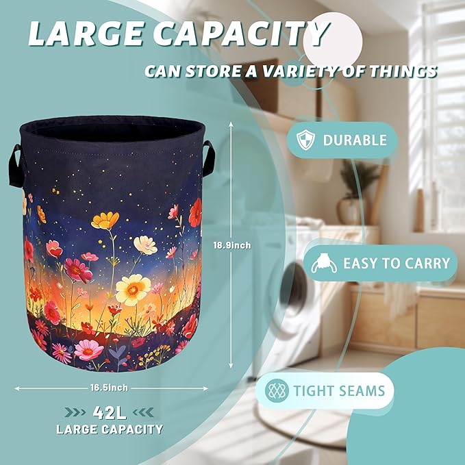 Colorful Flowers At Night Laundry Basket Floral Foldable Funny Laundry Hamper - Image 2