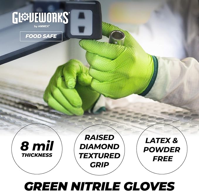 GLOVEWORKS HD Green Gloves, 8 Mil Nitrile Disposable Heavy Duty Raised Diamond - Image 2