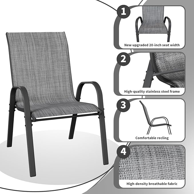 Patio Dining Chairs Set of 6, Outdoor Stackable Dining Chairs High Back, Patio Furniture for Backyard, Porch, Garden, Poolside (Grey) - Image 4