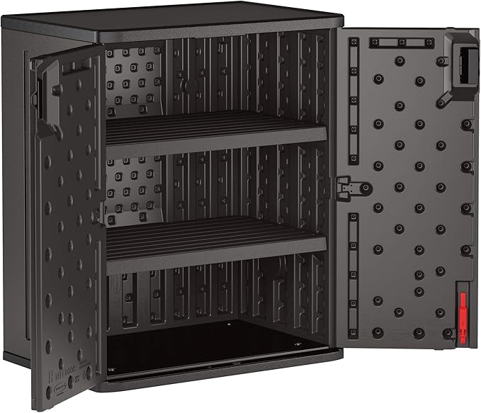 Suncast Heavy-Duty Resin Outdoor Storage Cabinet, 30" W x 20.25" D x 36" H Dark Grey Base Garage Storage Cabinet with Lockable Doors and Metal Reinforced Shelves, Made in The USA - Image 5
