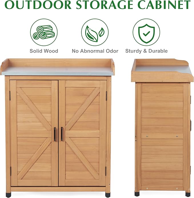 Outdoor Storage Cabinet & Potting Bench Table with Metal Top, Wooden Patio Furniture, Garden Workstation (Light Brwon, 39x31.5x17in) - Image 4