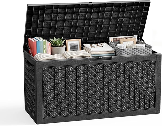 110 Gallon Resin Deck Box, Lockable Patio Outdoor Storage Box for Furniture, Garden Tools and Tools Storage, Waterproof Outside Storage Boxes - Patterned black by OutdoorLivingPerfected
