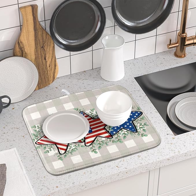 Patriotic Dish Drying Mat for Kitchen Counter Cute Stars 4th of July Holiday - Image 6