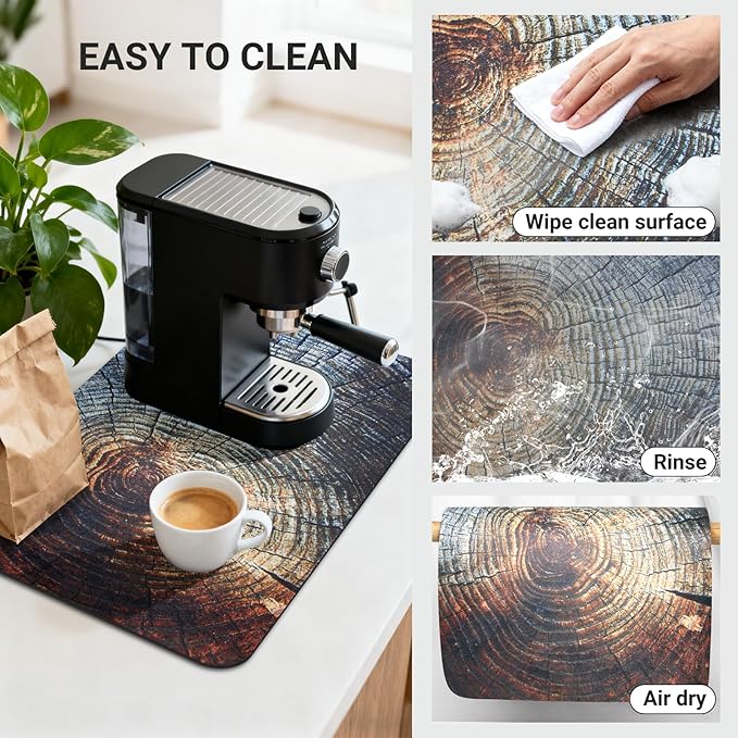 Coffee Bar Mat 24x16 Inch, Wood Grain Stump Design, Absorbent Hide Stain Rubber - Image 4