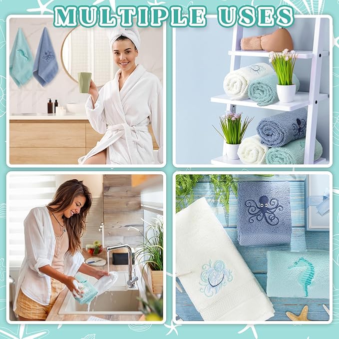 3 Pack Coastal Hand Towels for Bathroom 100% Cotton Embroidered Bathroom Towels - Image 6