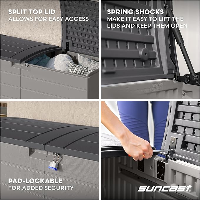 Suncast 120 Gallon Deck Box - Resin Outdoor Storage Box for Patio Cushions, Pool Accessories, & Garden Tools, Lockable Outdoor Storage Bin with Split Lid, Extra Large Dove Gray Outside Container - Image 5