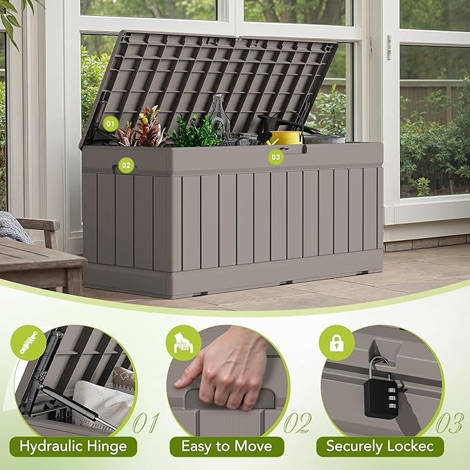 Devoko 78 Gallon Deck Box, Waterproof Resin Outdoor Storage Box for Outside and Patio, Outdoor Storage Bench Lockable for Patio Furniture, Garden Tools and Pool Supplies (Light Brown, 78 Gallon) - Image 2