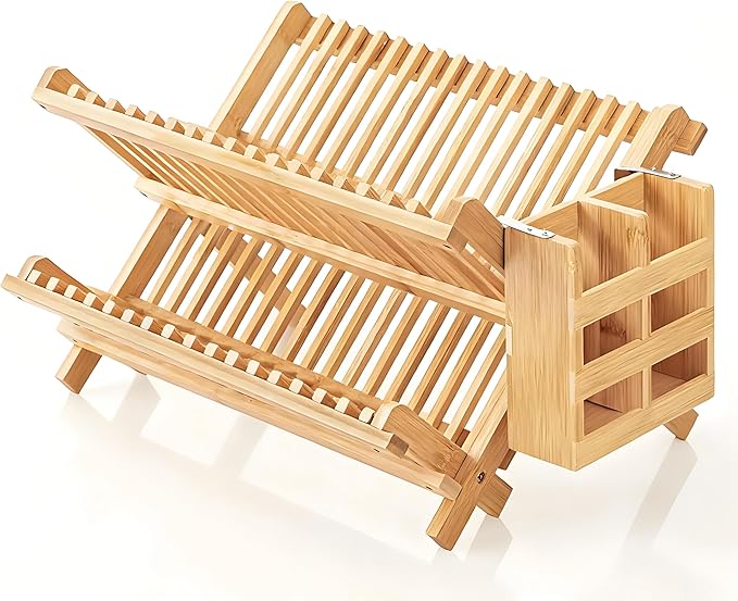 QUEENKAY Dish Drying Rack Collapsible 2-Tier Bamboo Dish Rack by QUEENKAY