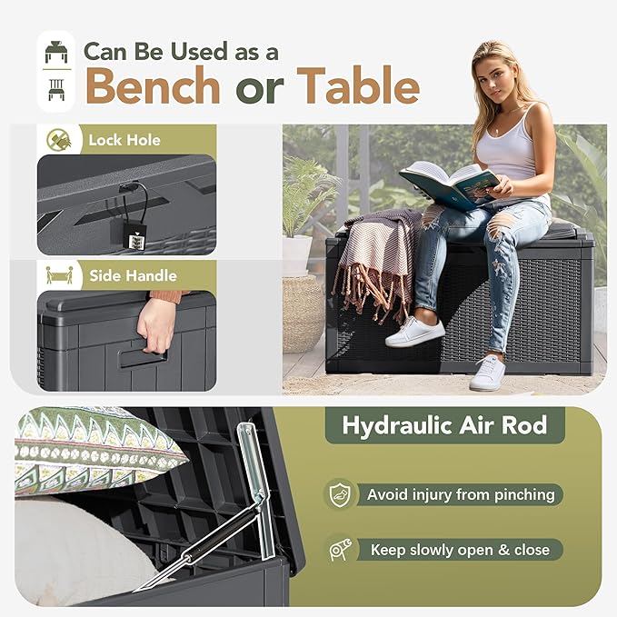 Flamaker Deck Box with Cushion 100 Gallon Waterproof Resin Storage Box with Air Rod Indoor Outdoor Lockable Storage Bench for Patio Furniture, Tools, Pool Accessories (Gray) - Image 4