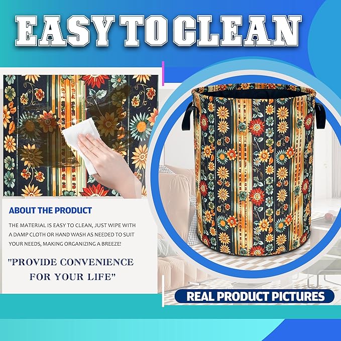 Folk Flower Art Laundry Basket Boho Floral Print Oxford Cloth Laundry Hamper - Image 8