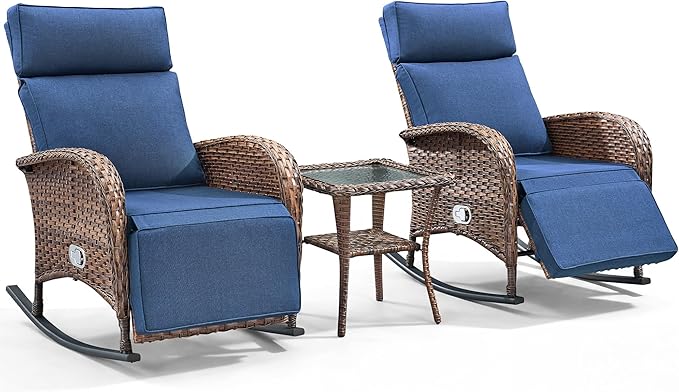 3 Pieces Zero Gravity Wicker Patio Rocking Recliner Chairs Set of 2 - Wicker Outdoor Lounge Chair with Side Table, Adjustable Backrest & Footrest, High Back Outdoor Recliner Chair for Pool Deck Blue - Image 7