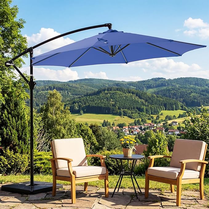 OLIXIS 9.7FT Offset Patio Umbrella with Base, Cantilever Table Umbrellas for Outdoor Sun Shade UV Protection with Easy Tilt Adjustment, 8 Ribs for Backyard, Lawn, Garden, Pool - Blue - Image 6