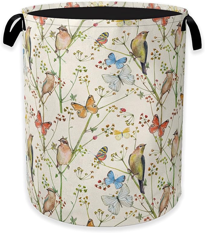 Laundry Hamper, Watercolor Bird Laundry Basket, Spring Flower Butterfly by Unknown