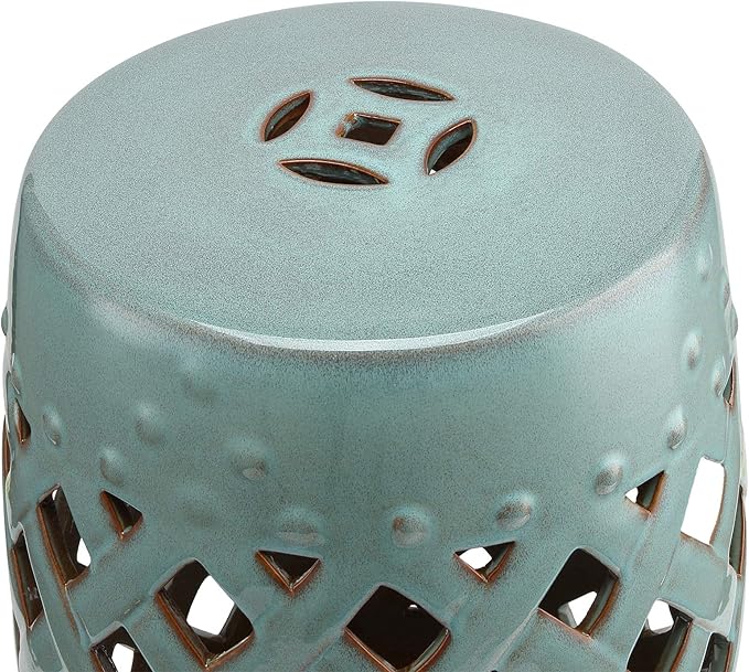 Outsunny 13" x 18" Ceramic Garden Stool with Woven Lattice Design & Glazed Strong Materials Decorative Outdoor Stool, Antique Blue - Image 8
