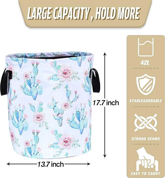 Cactus Flowers Laundry Basket Pink Floral Foldable Oxford Cloth Funny Tote Bag - Image 2