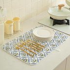 Blue Sage Green Block Print Dish Drying Mats 18x24 Inch Blue Green Vintage - Image 3