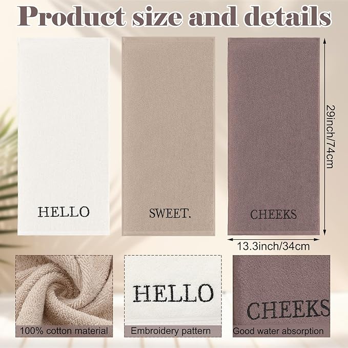 3 Pcs Hello Sweet Cheeks Hand Towels Farmhouse Decorative Embroidered Bathroom - Image 2