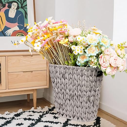 Wicker Trash Can, Waterproof Bathroom Waste Basket, Plastic Wicker Woven Waste - Image 4