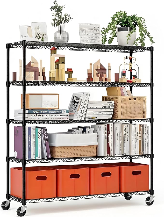 Xcity Storage Shelves, 5 Tier Heavy Duty Metal Shelving Unit with Wheels, 3000 LBS Capacity Adjustable Steel Wire Shelf Organizer for Pantry, Kitchen, Garage, 24" D x 48" W x 72" H, Black by Unknown
